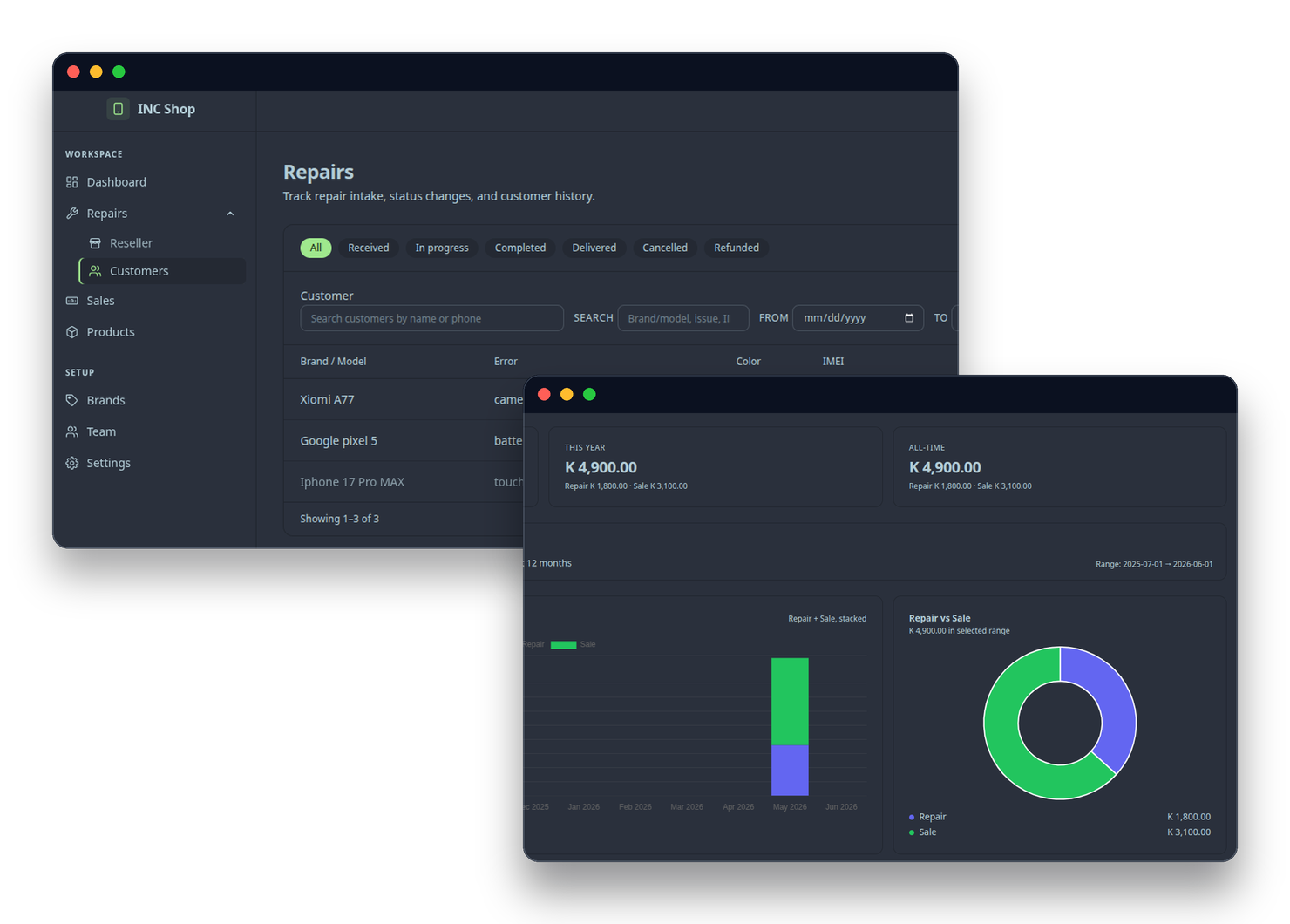 z-pos dashboard and repairs screens